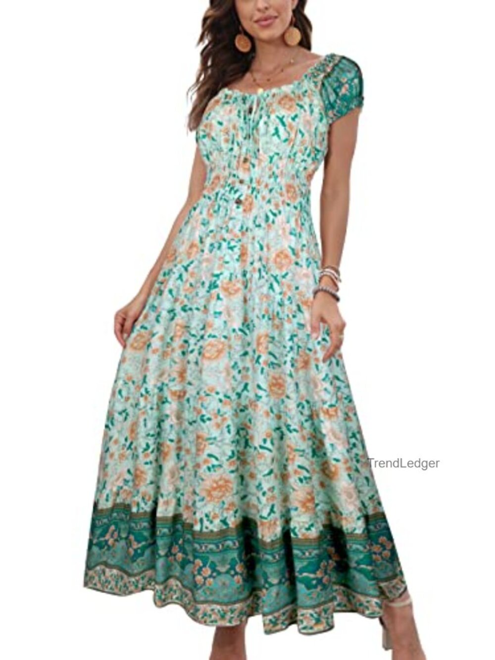 Floral Maxi Dress Boho Summer Short Sleeve Smocked Waist Tiered Long Dress